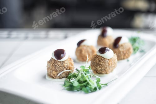 Preview: gourmet organic scotch quail eggs starter snack on table