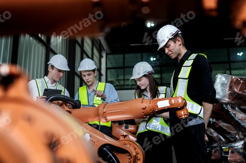 Preview: Worker works at heavy machine robot arm.