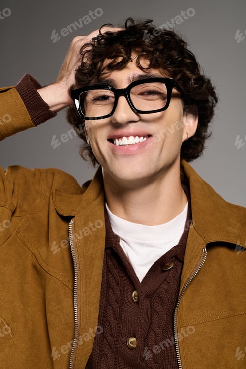 Preview: Stylish young man exudes confidence in trendy outfit and playful pose during studio shoot