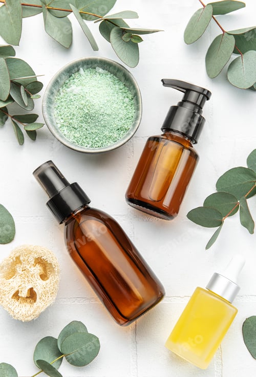 Preview: Eucalyptus, towel, massage salt, aroma oil, spa objects on white tile background.