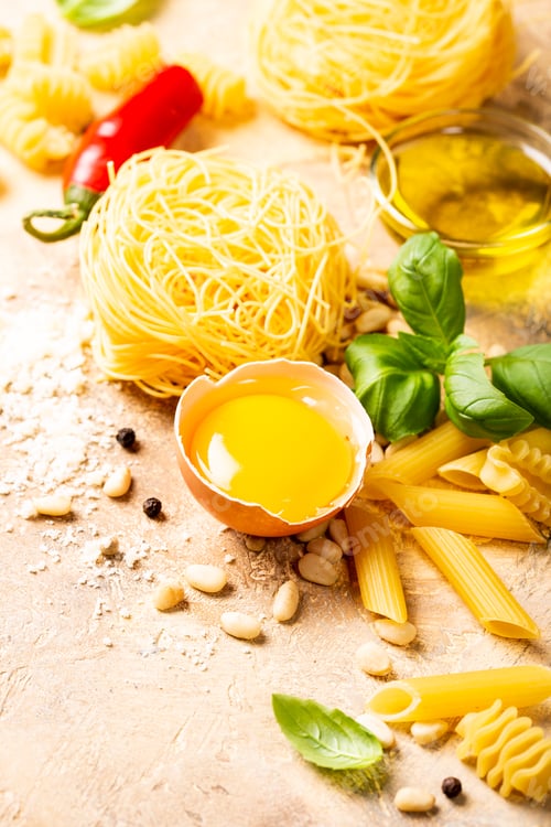 Preview: Pasta Ingredients: Egg, Pasta, Olive Oil, and Basil