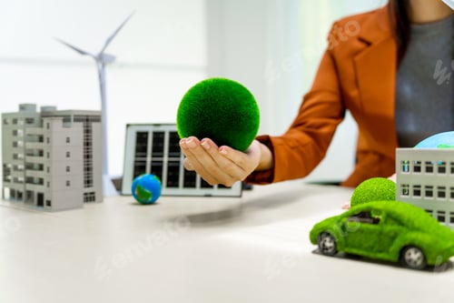 Preview: A businesswoman in a brown suit stands at a white desk with a world model, an electric car model
