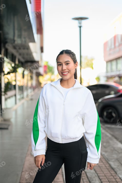 Preview: Young Asian Woman in Sporty Casual Outfit Outdoors
