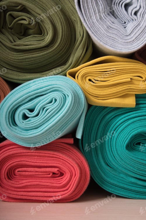 Preview: Colorful Knitted Fabric Rolls in Soft Lighting