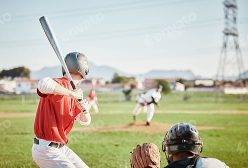 Preview: Baseball, bat and homerun with a sports man outdoor, playing a competitive game during summer. Fitn