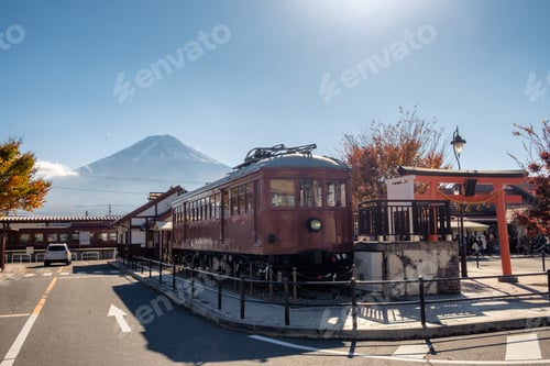 Preview: Train with torii in kawaguchiko station with Fuji mountain