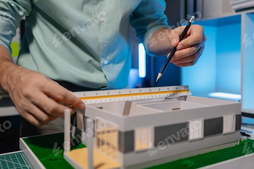 Preview: an architect is working in the office, an engineer works on house model on the desk, he used his exp