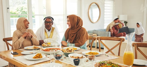 Preview: Food, relax and muslim with big family at table for eid mubarak, Islamic celebration and lunch. Ram