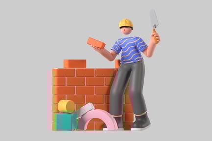 Cartoon construction worker building wall