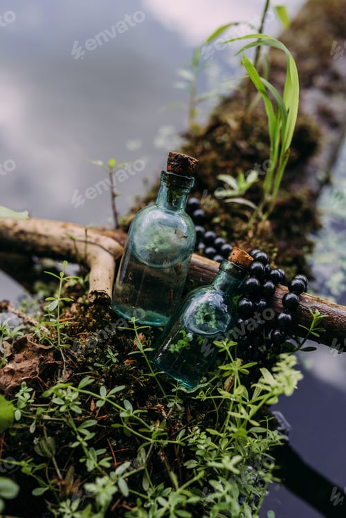 Preview: Glass bottles are filled with magic ingredients, potion or elixir. Mysterious lake.