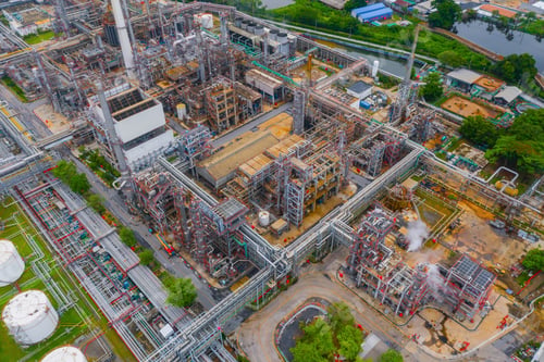 Preview: Petrochemical oil refinery in Bangkok City, Thailand. Oil and gas tanks in industry factory.
