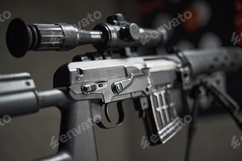 Preview: Close up of Modern Sniper Rifle with Scope Displaying Tactical Equipment