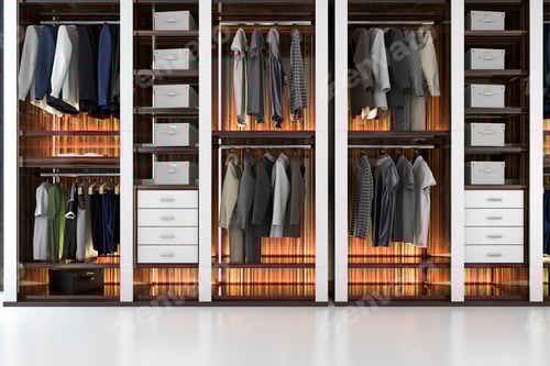Preview: 3d rendering modern scandinavian white wood walk in closet with wardrobe
