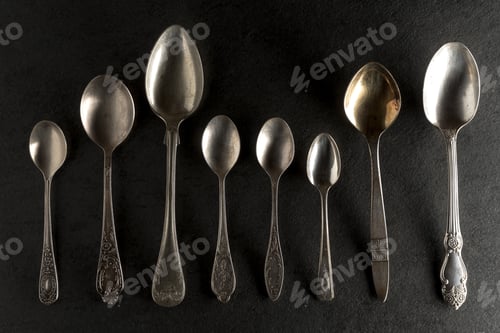 Preview: Different spoons on a black stone top view