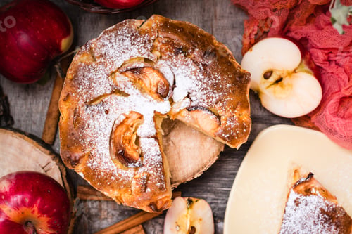 Preview: Sliced apple pie on a wooden table. Top view