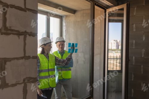 Preview: two engineers, a man and a woman in white helmets and protective vests at the construction site