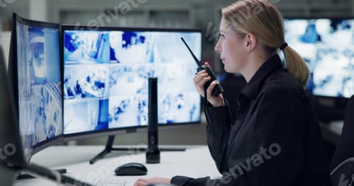 Preview: Watch, security and woman with radio, cctv and monitor for danger, talking and control room for gua