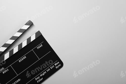 Preview: Clapperboard on gray background, top view. Space for text