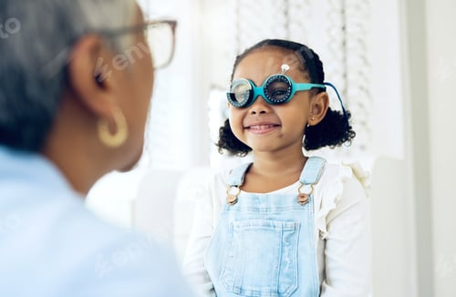 Preview: Vision, glasses or eye test with a girl and optician in an eyewear store for prescription frame len