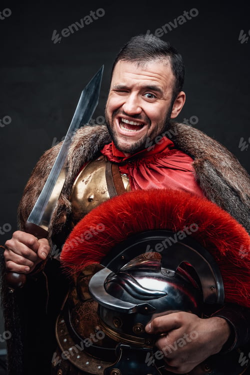 Preview: Funny roman emperor holding sword and helmet