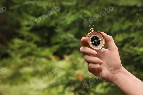 Preview: Woman checking modern compass in wilderness, closeup with space for text