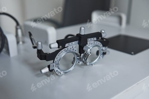 Preview: Ophthalmic glasses laying on the white table in the clinic