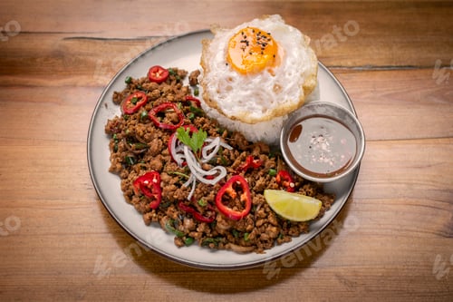 Preview: Pad Kra Pao Pork and Holy Basil Stir fry thai food meal on table at restaurant in thailand