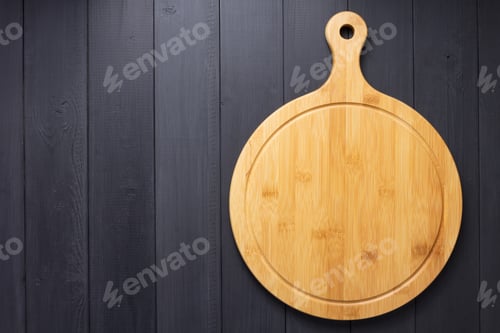 Preview: pizza cutting board at rustic wooden plank background