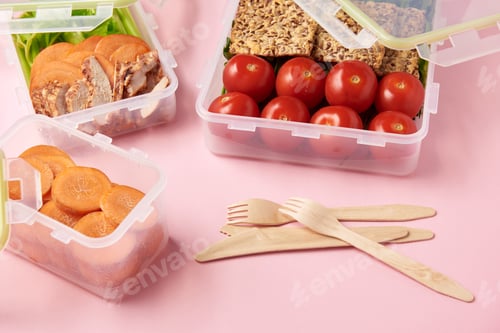 Preview: close up view of healthy food arranged in food containers and cutlery on pink backdrop
