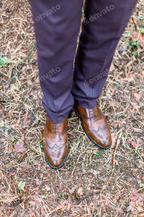 Preview: Cropped image of elegant shoes of stylish groom in suit standing in the forest. Stylish wedding