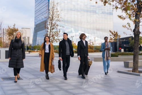Preview: Group of multi-ethnic business people, business park, coworkers, walking to work