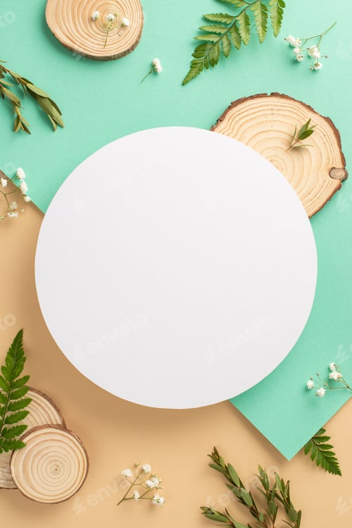 Preview: Tender natural beauty concept. Top view photo of empty circle surrounded by white gypsophila