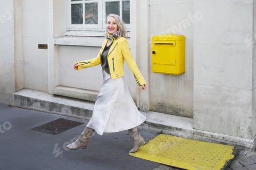 Preview: Attractive gray-haired woman in her sixties in a yellow jacket