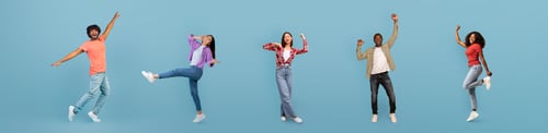 Preview: Happy millennial multiracial people gesturing on blue, panorama