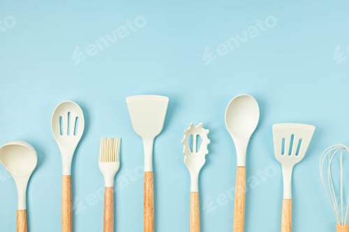Preview: Pastel color kitchen utensils top view.