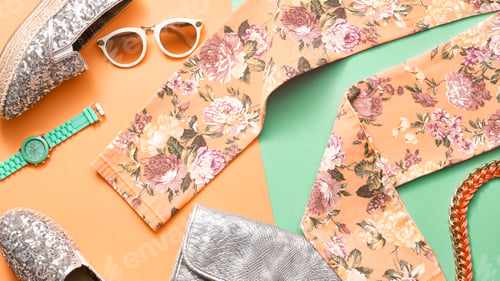 Preview: Fashion glamor accessories minimal. Hipster lady clothes collection falling on pastel background. Tr