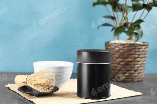 Preview: Matcha tea set with bamboo mat on table
