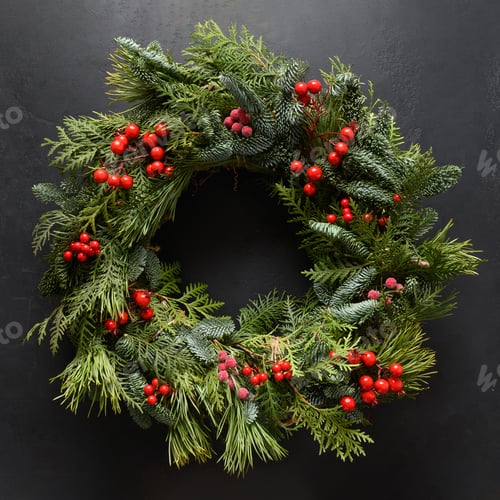 Preview: Christmas wreath of natural evergreen branches with red berries isolated on a black. New Year.
