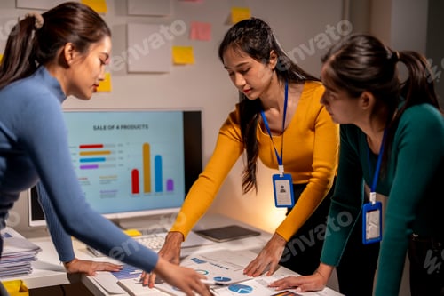 Preview: Three women are looking at a computer screen with a sales graph
