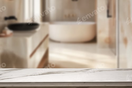 Vista previa: Mesa superior de mármol vacía con fondo interior de baño borro. para exhibición de productos