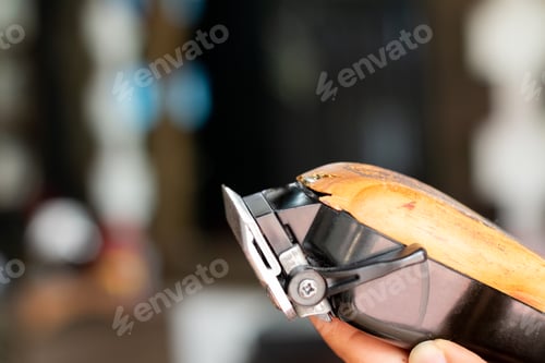 Preview: Hairdressing machine with some scratches from use. Personalized hair clipper with wood.
