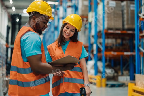 Preview: Warehouse workers checking inventory using clipboard in storage room