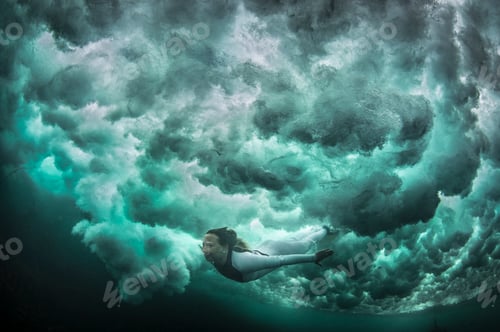 Preview: A serenely floating diver beneath a turbulent ocean surface