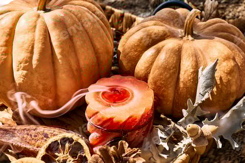 Preview: Cozy warm autumn composition with burning candle and pumpkins on knitted woolen plaid.