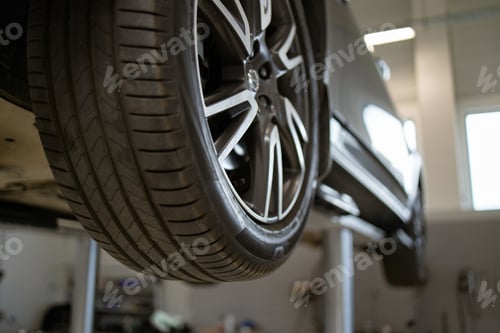Preview: Close-up of car tire on vehicle lift in auto repair shop