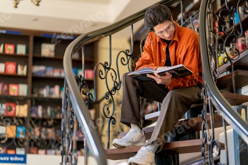 Preview: a young guy in glasses sits on the stairs carefully reads a book manual prepares for exams