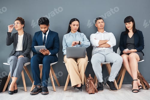 Preview: Recruitment, job interview and hr with business people in waiting room for schedule, time or consul