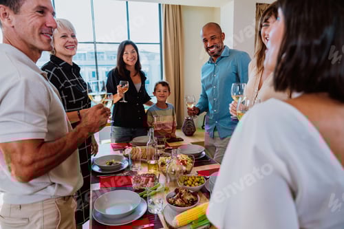 Preview: Family and friends reunion at home. Diverse family and friends celebrating together making a toast