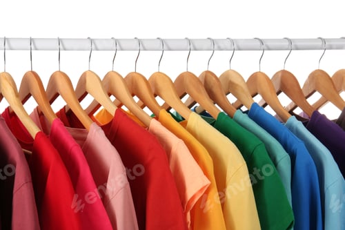 Preview: Colorful T-Shirts Displayed on Wooden Hangers