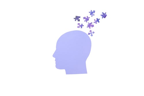 Preview: Puzzle pieces float above a purple head, on white background